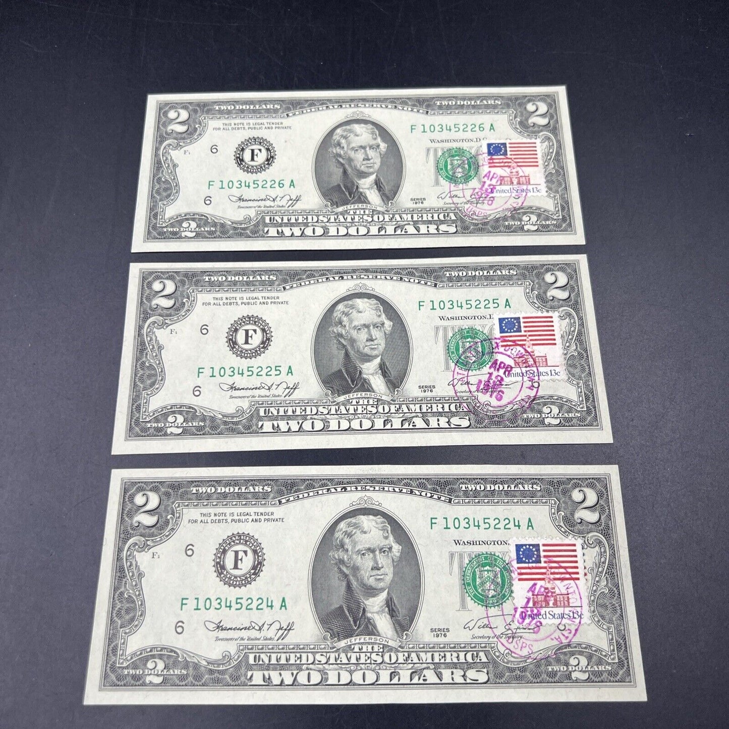 3 Consecutive 1976 $2 Two Dollar Bicentennial Postal Note Atlanta #224 CH UNC