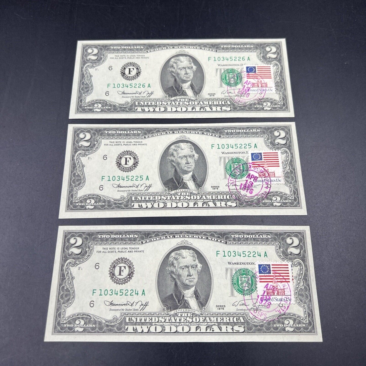 3 Consecutive 1976 $2 Two Dollar Bicentennial Postal Note Atlanta #224 CH UNC