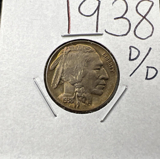 1938 D/D 5c Buffalo Nickel Coin Choice AU About UNC Nice Toning RPM Variety