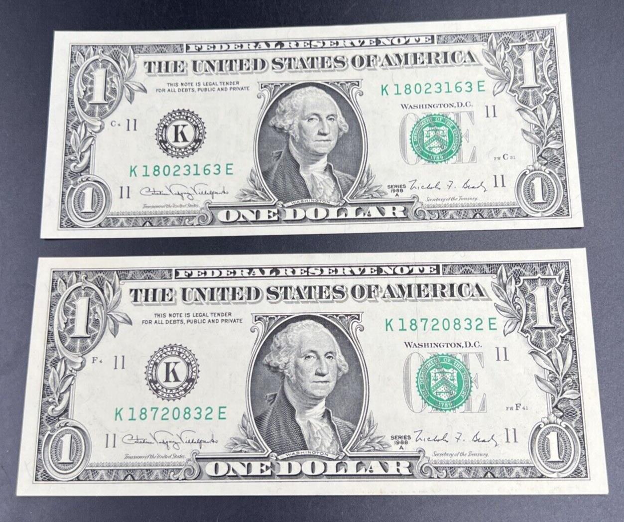 Lot of 2 1988 A $1 FRN One Dollar Federal Reserve Note Choice UNC #780