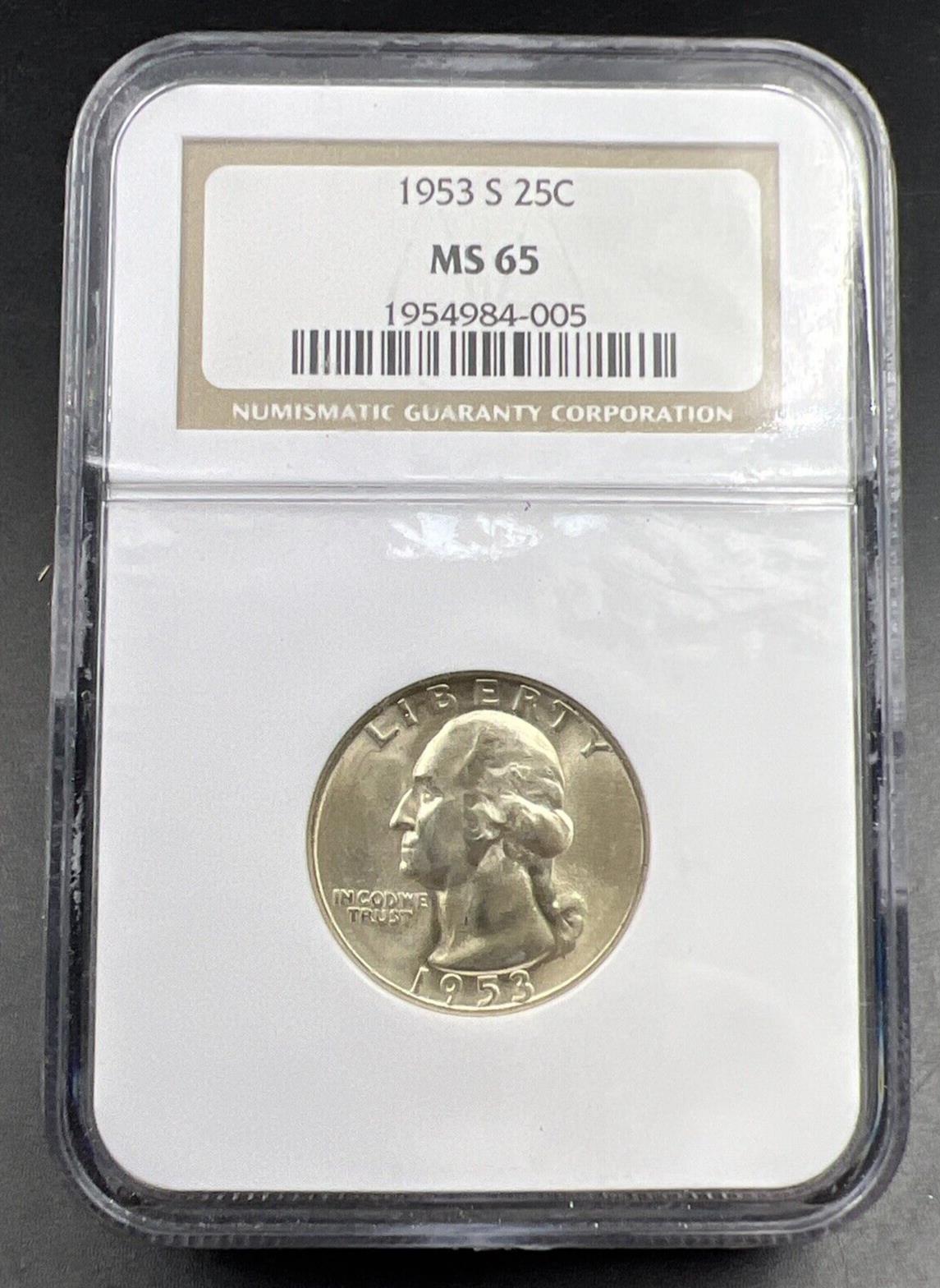 1953 S 25C Washington Quarter Silver Coin NGC MS65 Gem BU Unc Certified