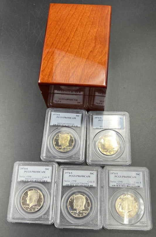 Set of 5 1974 S Kennedy 50c Half Coins PCGS PR69 DCAM Lot in Wooden Storage Box