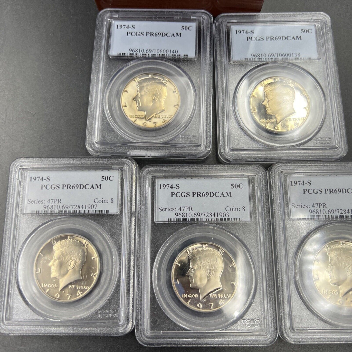 Set of 5 1974 S Kennedy 50c Half Coins PCGS PR69 DCAM Lot in Wooden Storage Box