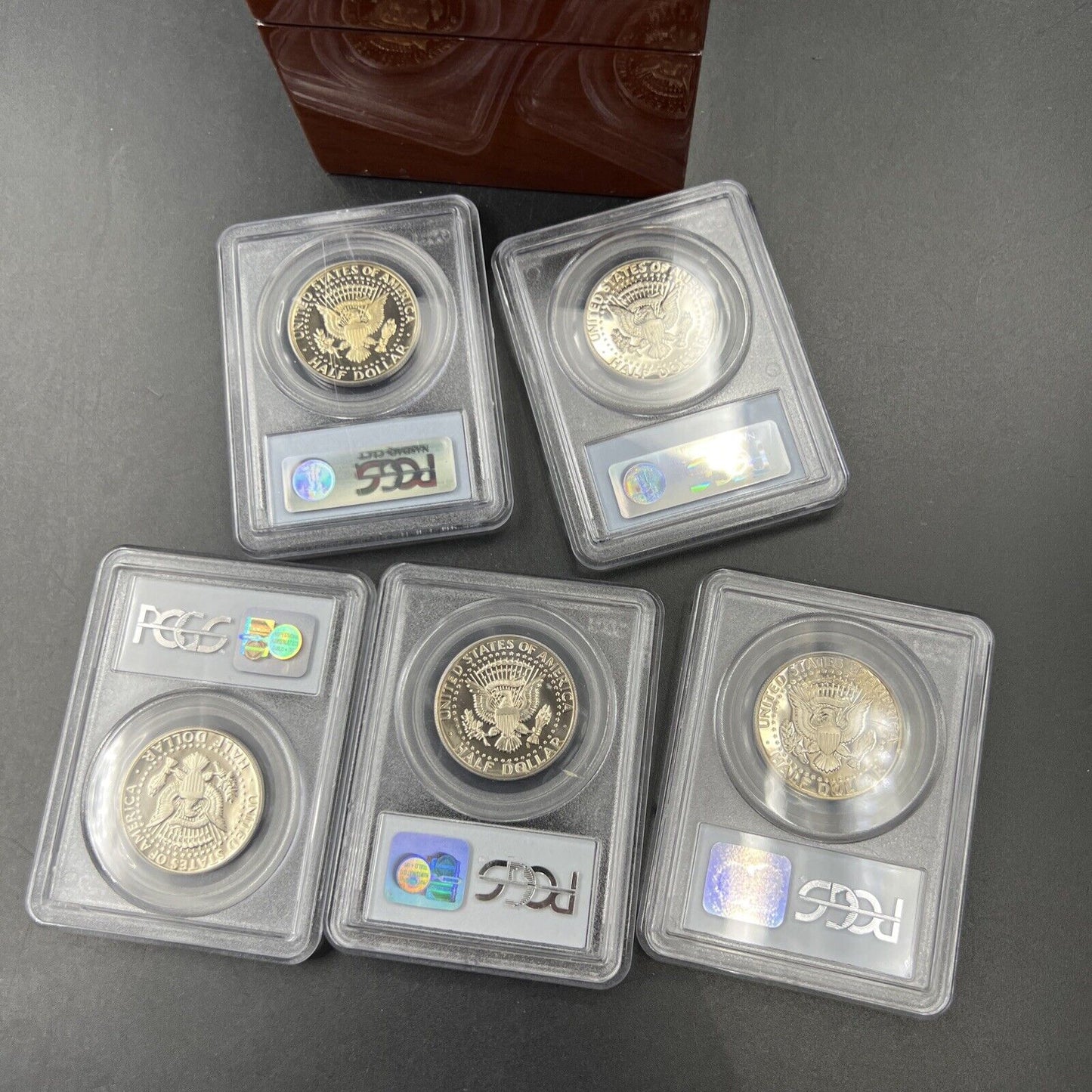 Set of 5 1974 S Kennedy 50c Half Coins PCGS PR69 DCAM Lot in Wooden Storage Box