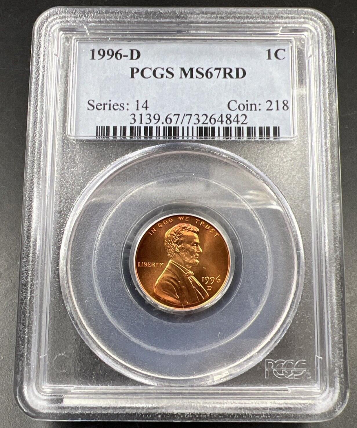 1996 D Lincoln Memorial Cent Penny Coin PCGS MS67 RD Gem BU Certified #842