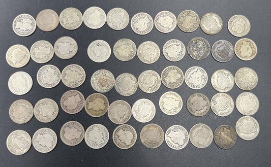 Barber 90% Silver Dimes 50 Coin Cull / AG / G - Very Circ 50 coin Roll #J