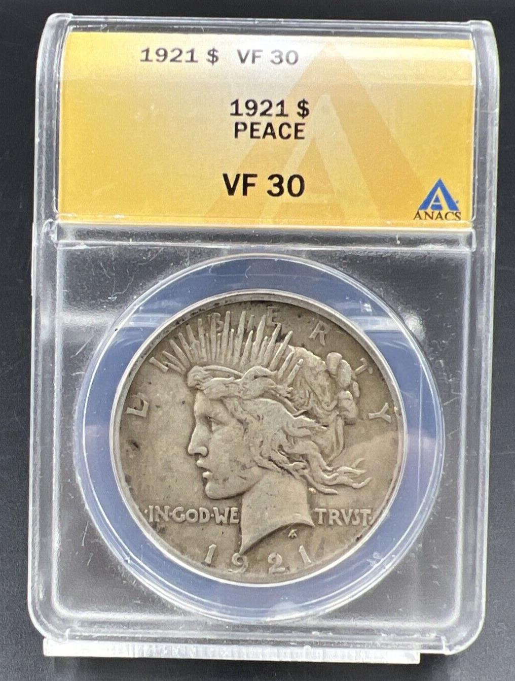 1921 $1 Peace Silver Dollar Coin ANACS Certified VF30 Very Fine