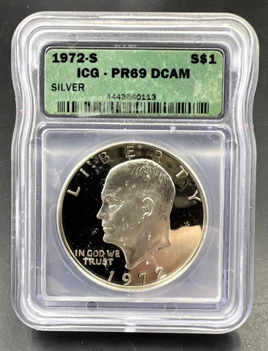 1972 S $1 Eisenhower Brown Ike 40% Silver PR69 DCAM ICG Used Slab #113