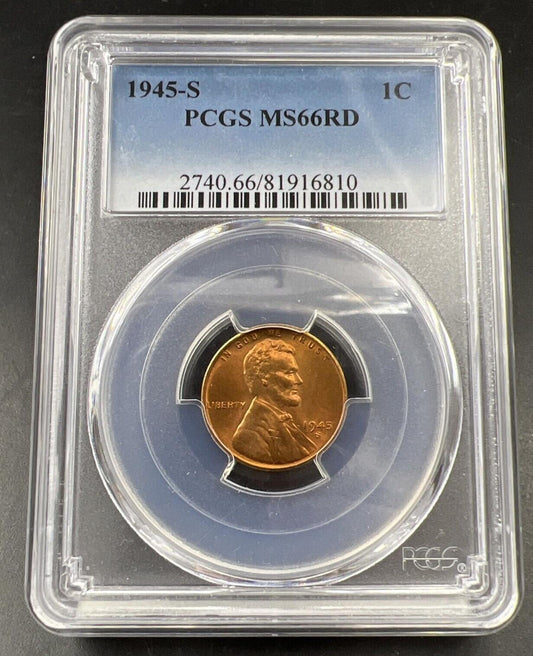 1945 S 1c Lincoln Wheat Cent PCGS MS66 RD Gem BU Certified #810