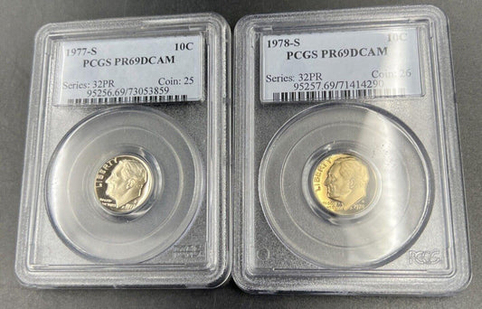 2 Coin Set / Lot 1977 & 1978 S 10c Roosevelt Clad Dime Coin PCGS PR69 DCAM