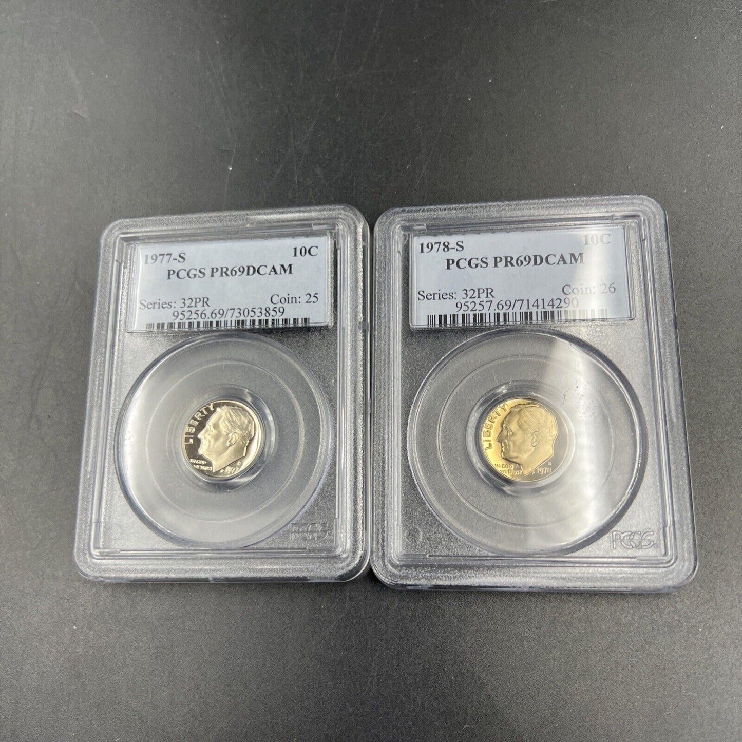 2 Coin Set / Lot 1977 & 1978 S 10c Roosevelt Clad Dime Coin PCGS PR69 DCAM