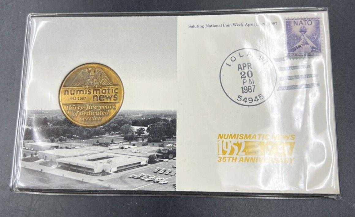 1952-1987 35th Numismatic News Anniversary Medal & PM Cover, Iola, Wisconsin