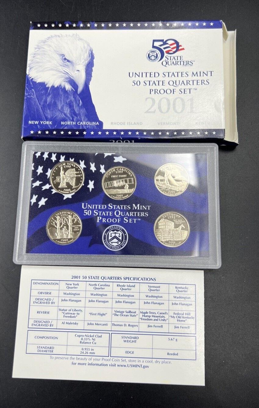 2001 S US Mint Statehood Quarter Proof CLAD 5 Coin Set Box COA OGP