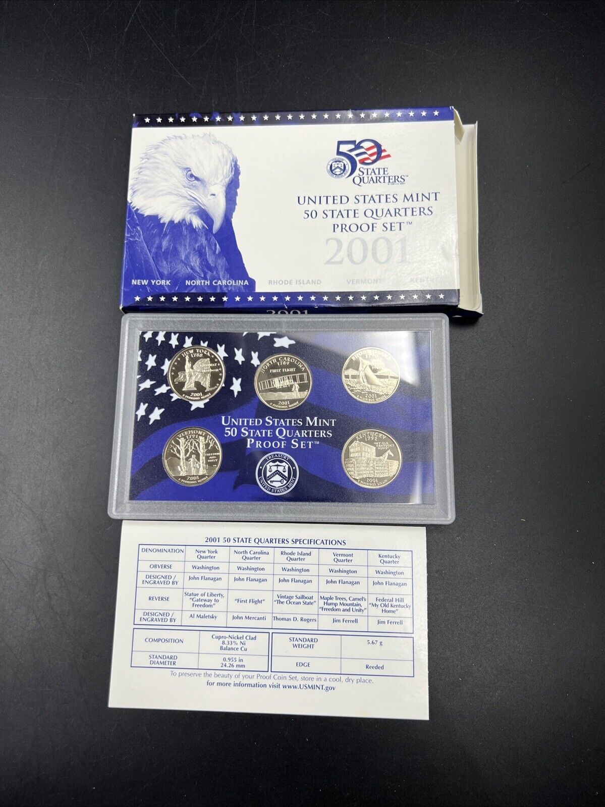 2001 S US Mint Statehood Quarter Proof CLAD 5 Coin Set Box COA OGP