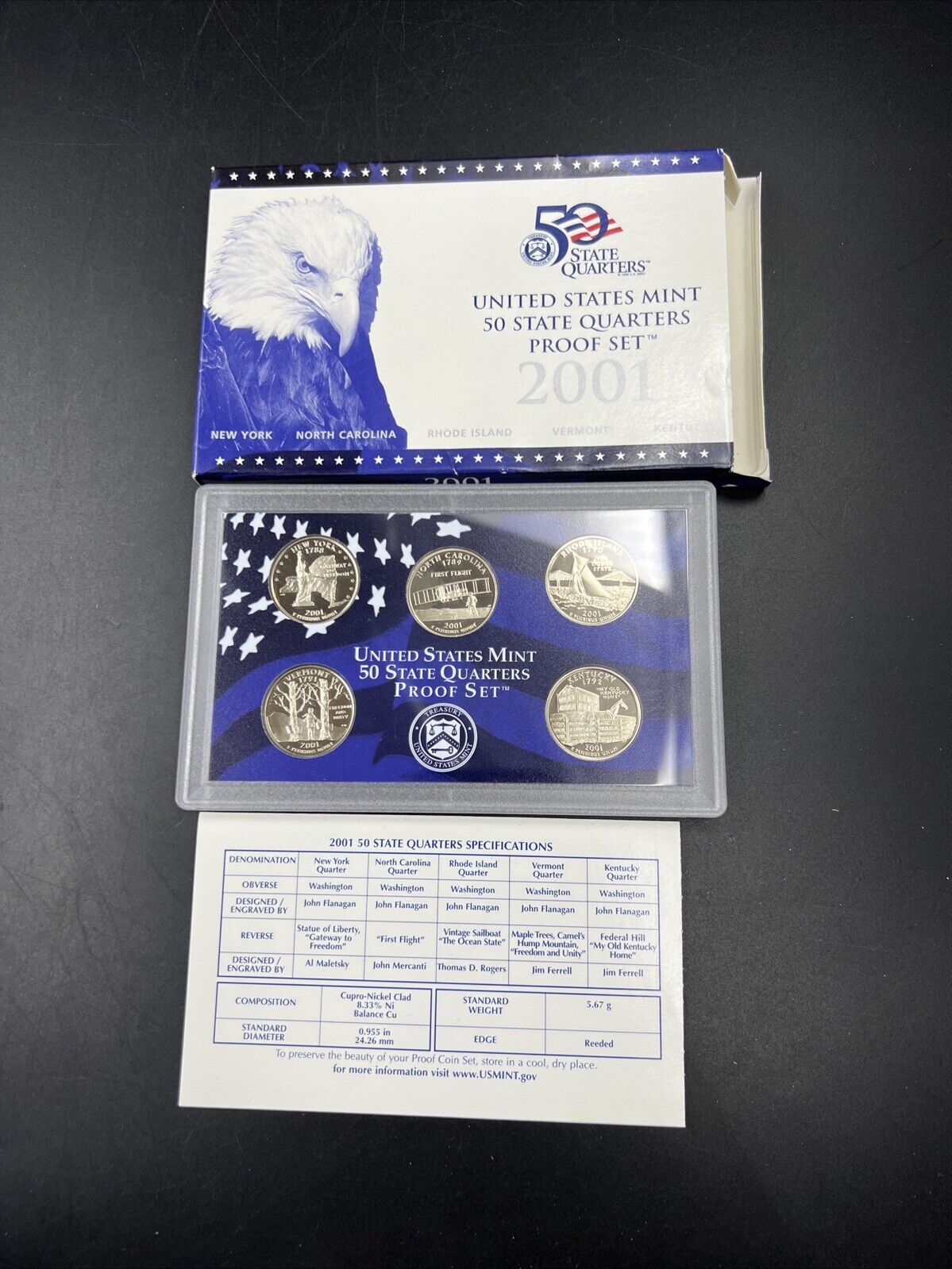 2001 S US Mint Statehood Quarter Proof CLAD 5 Coin Set Box COA OGP