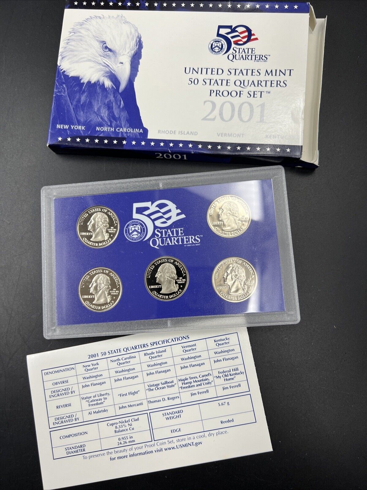 2001 S US Mint Statehood Quarter Proof CLAD 5 Coin Set Box COA OGP