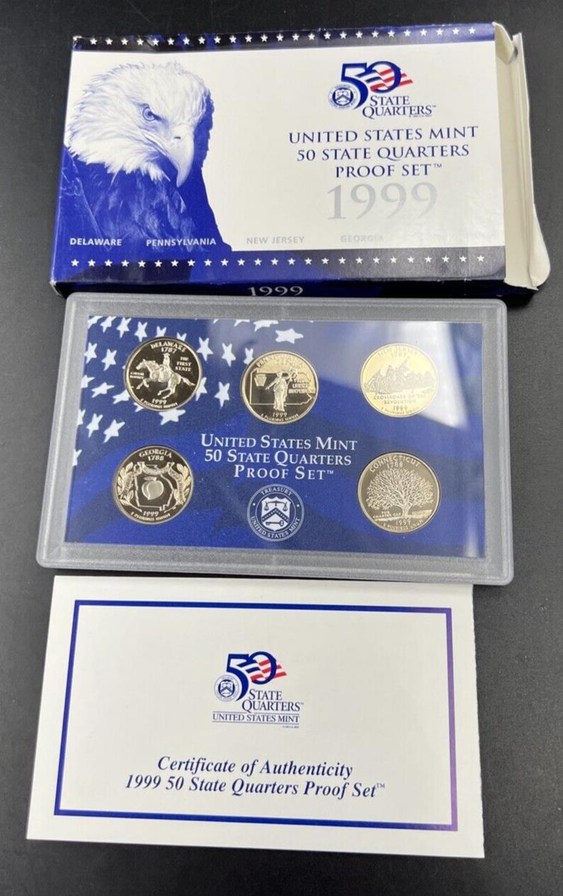 1999 S US Mint Statehood Quarter Proof CLAD 5 Coin Set Box COA OGP