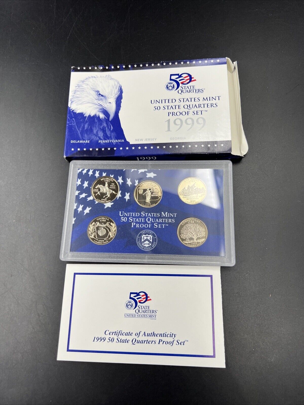 1999 S US Mint Statehood Quarter Proof CLAD 5 Coin Set Box COA OGP