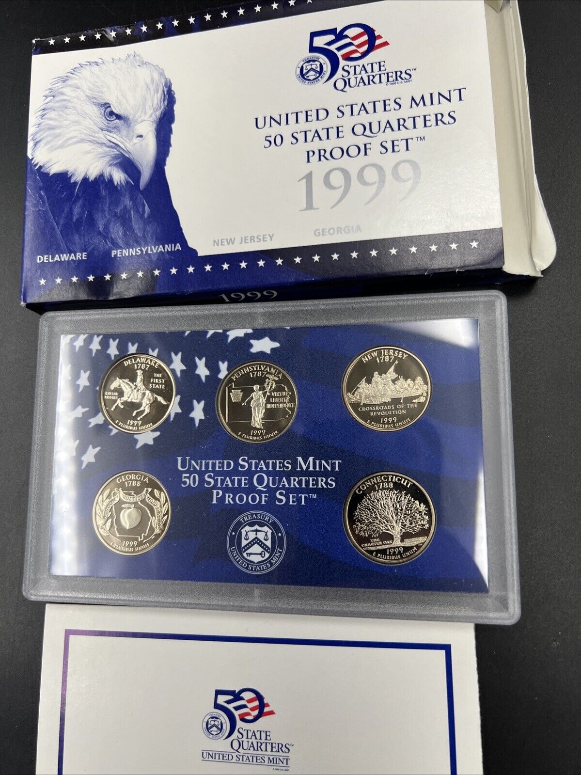 1999 S US Mint Statehood Quarter Proof CLAD 5 Coin Set Box COA OGP