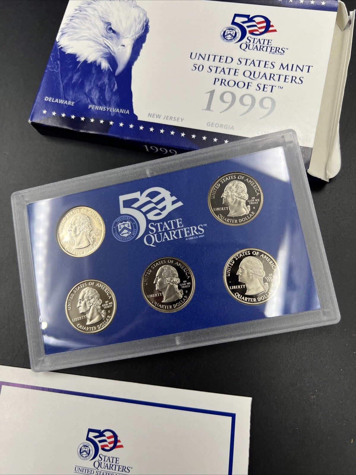 1999 S US Mint Statehood Quarter Proof CLAD 5 Coin Set Box COA OGP