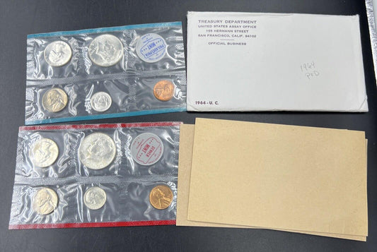 1964 P & D US Mint Set CH BU UNC 10 Coins w/ 90% Silver 10c 50c 25c OGP #B