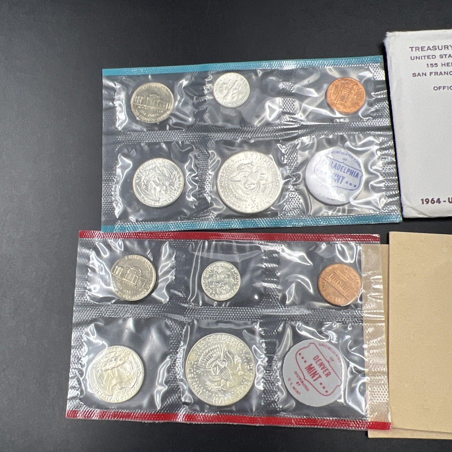 1964 P & D US Mint Set CH BU UNC 10 Coins w/ 90% Silver 10c 50c 25c OGP #B