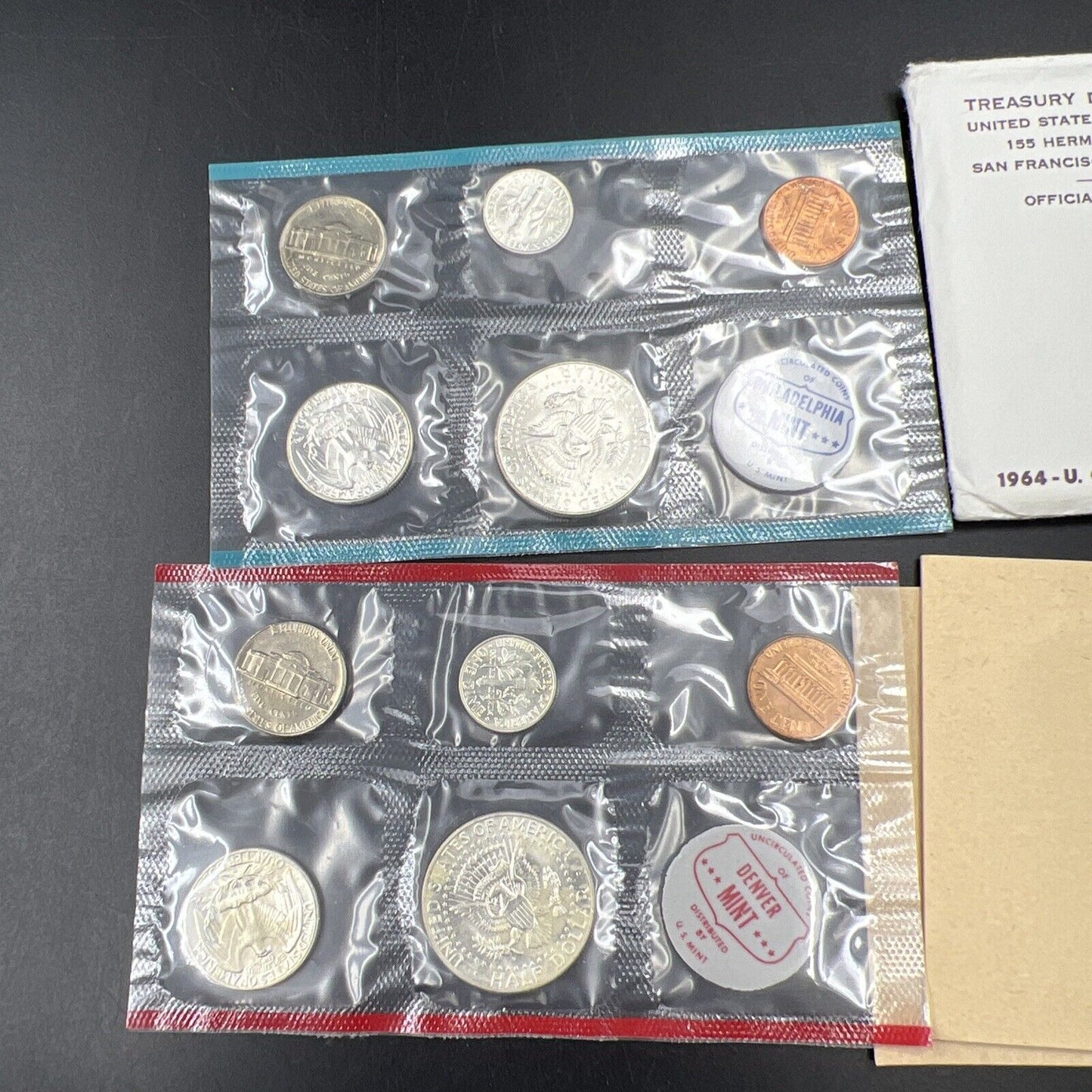 1964 P & D US Mint Set CH BU UNC 10 Coins w/ 90% Silver 10c 50c 25c OGP #B