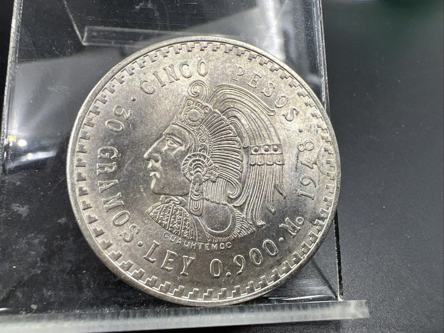 Mexico Cinco 5 Pesos 1948 Cuauhtemoc Last Aztec Emperor Silver Coin Gem BU Toner