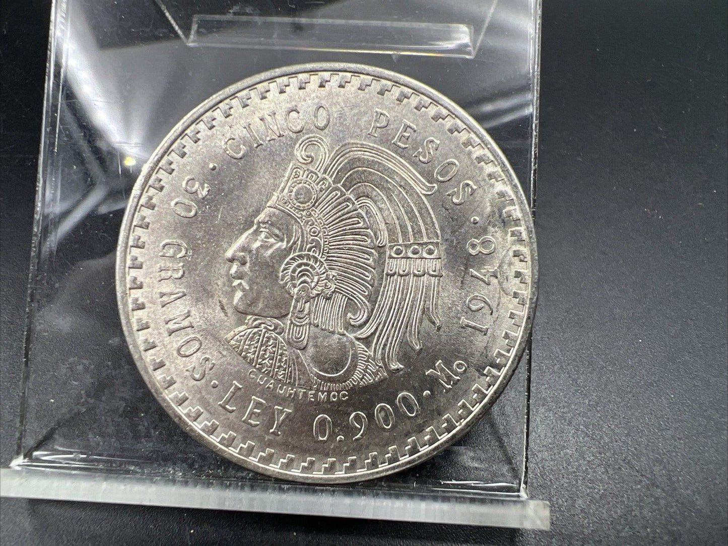 Mexico Cinco 5 Pesos 1948 Cuauhtemoc Last Aztec Emperor Silver Coin Gem BU Toner