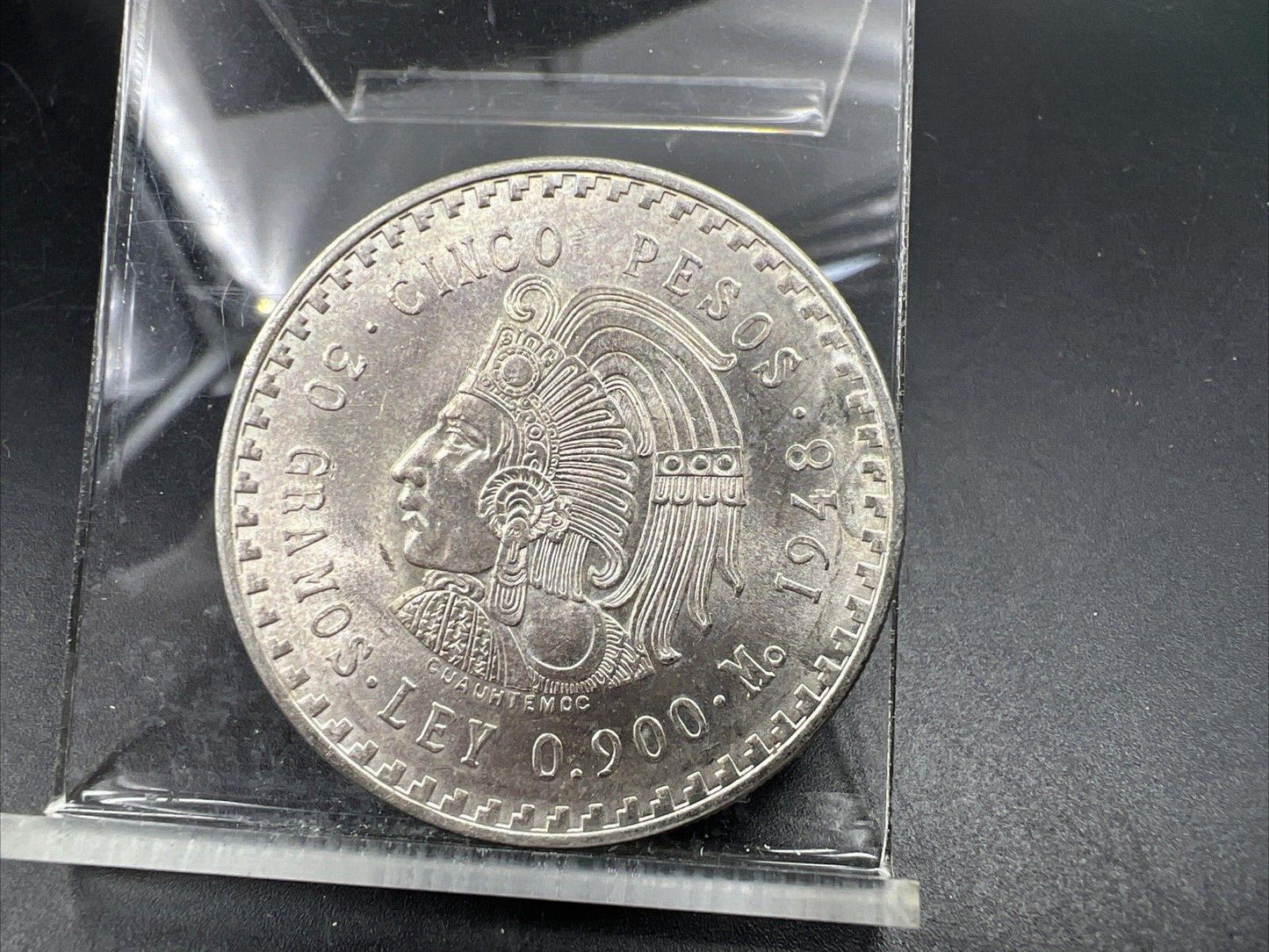 Mexico Cinco 5 Pesos 1948 Cuauhtemoc Last Aztec Emperor Silver Coin Gem BU Toner