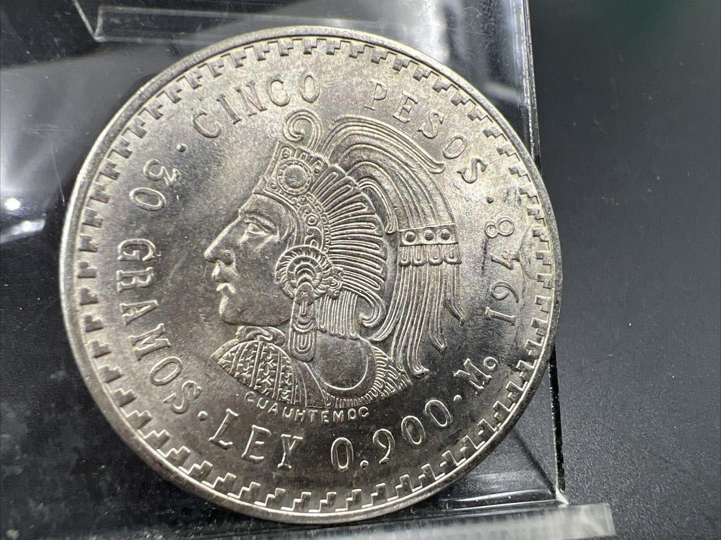 Mexico Cinco 5 Pesos 1948 Cuauhtemoc Last Aztec Emperor Silver Coin Gem BU Toner