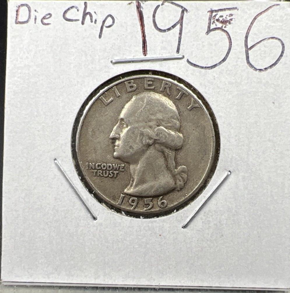 1956 25c Washington Silver Quarter Coin Die Chip In Date Error Variety VF