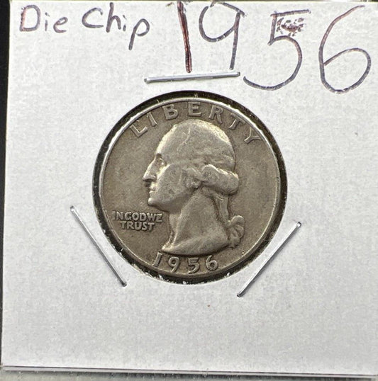 1956 25c Washington Silver Quarter Coin Die Chip In Date Error Variety VF