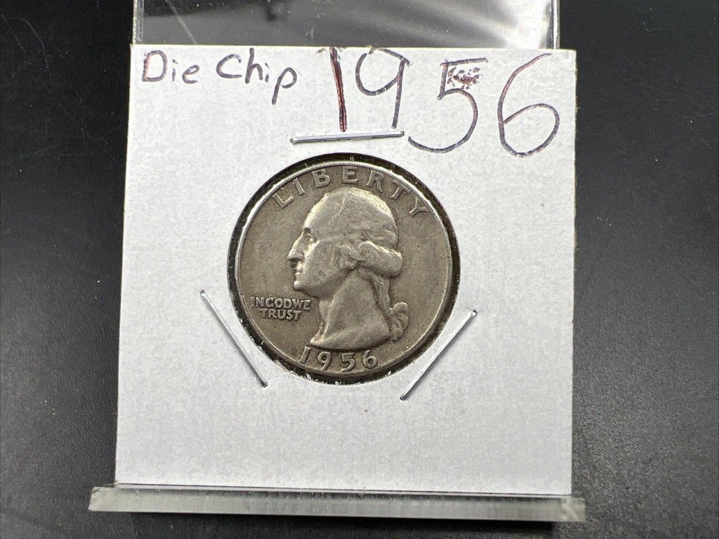 1956 25c Washington Silver Quarter Coin Die Chip In Date Error Variety VF