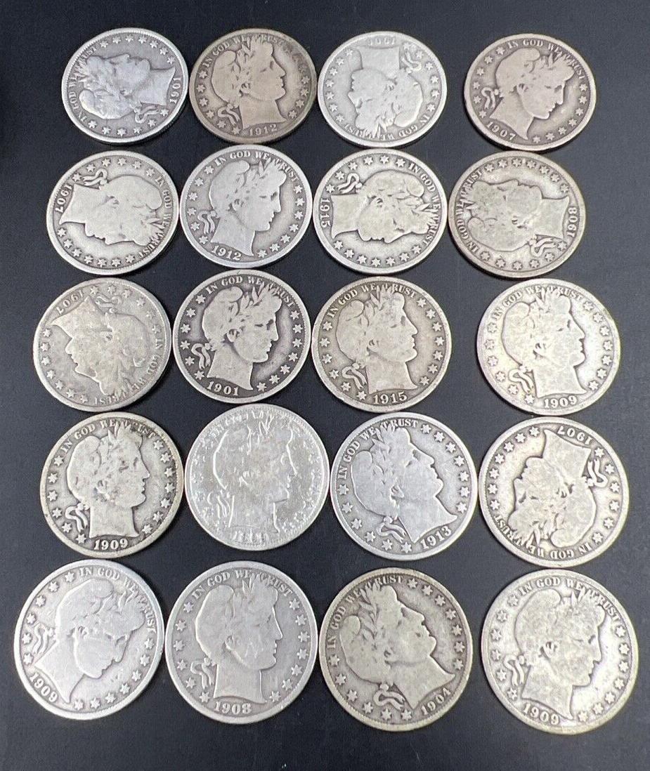 $10 FV Barber Silver Half Dollar Coin Roll VG + 90% silver 20 Coins US Lot