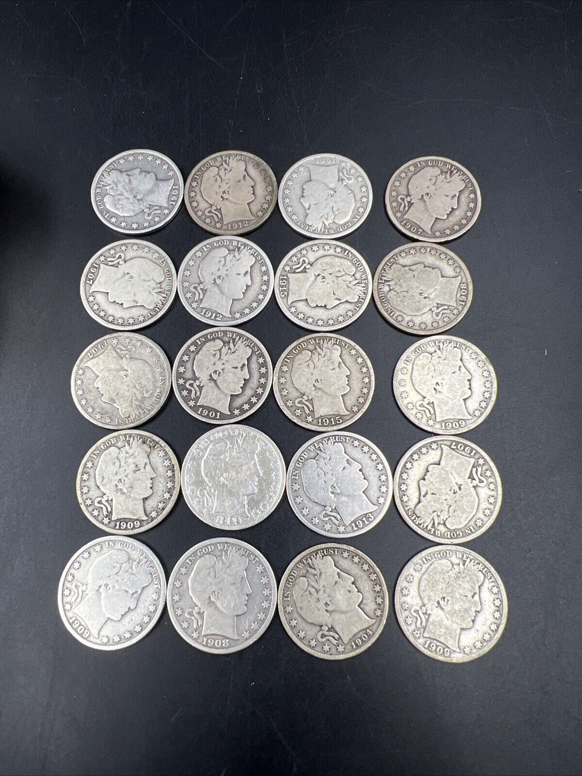 $10 FV Barber Silver Half Dollar Coin Roll VG + 90% silver 20 Coins US Lot