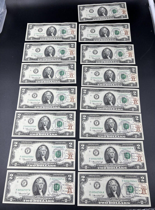 15 Consecutive 1976 $2 FRN Two Dollar Federal Reserve Postal Note CH AU/UNC