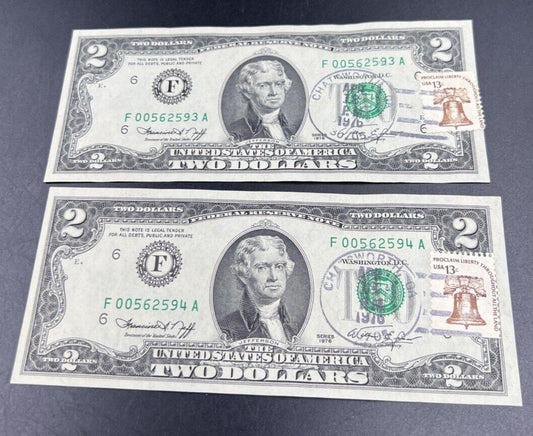 2 Consecutive 1976 $2 Two Dollar Bicentennial Postal Note Chatsworth GA #4 CH AU