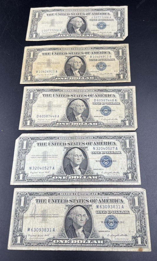 Lot of 5 1957 $1 One Dollar Blue Seal Silver Certificate Note Bills Circ VG #831