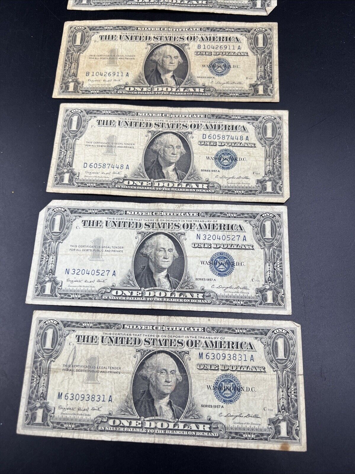 Lot of 5 1957 $1 One Dollar Blue Seal Silver Certificate Note Bills Circ VG #831