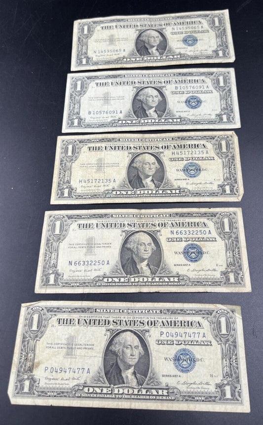 Lot of 5 1957 $1 One Dollar Blue Seal Silver Certificate Note Bills Circ VG #477