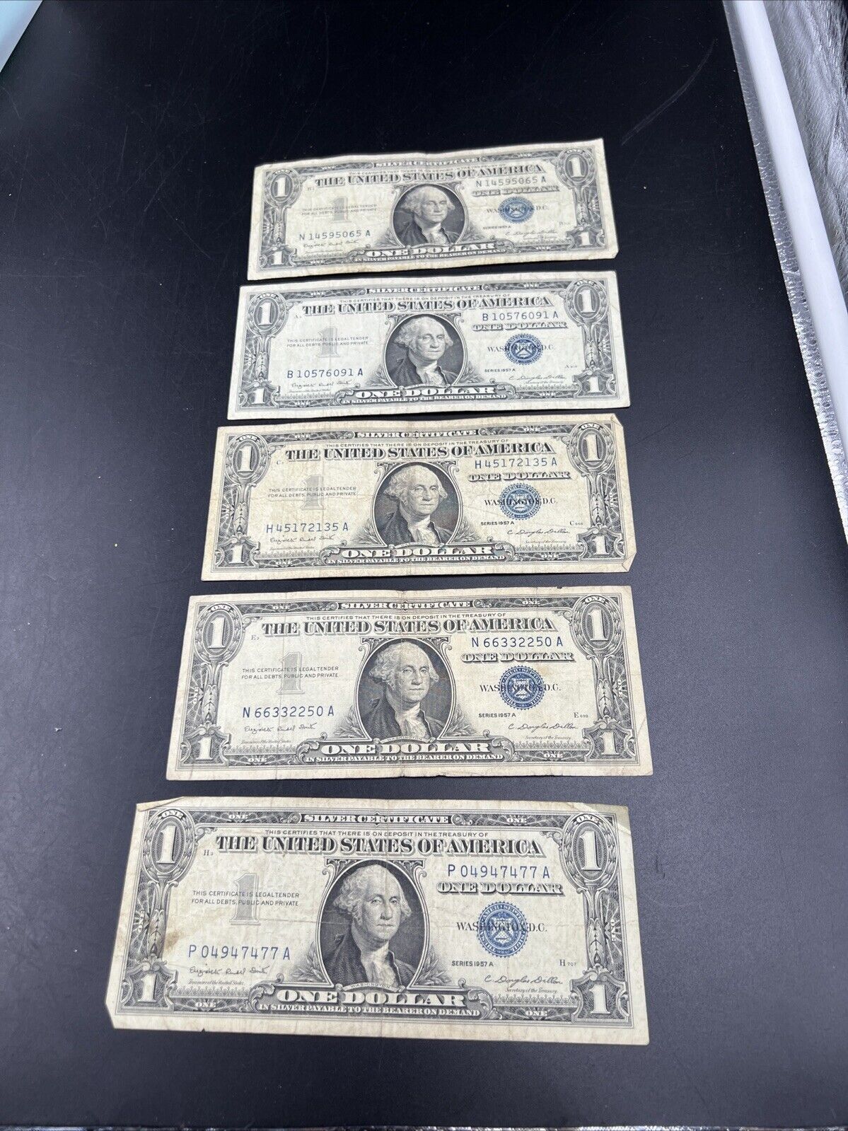 Lot of 5 1957 $1 One Dollar Blue Seal Silver Certificate Note Bills Circ VG #477