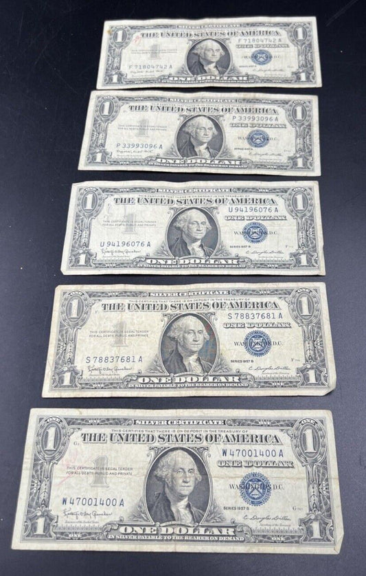 Lot of 5 1957 $1 One Dollar Blue Seal Silver Certificate Note Bills Circ VG #400