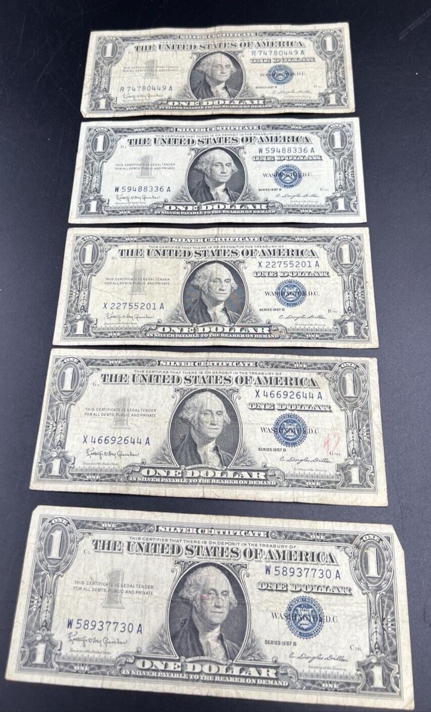 Lot of 5 1957 $1 One Dollar Blue Seal Silver Certificate Note Bills Circ VG #730