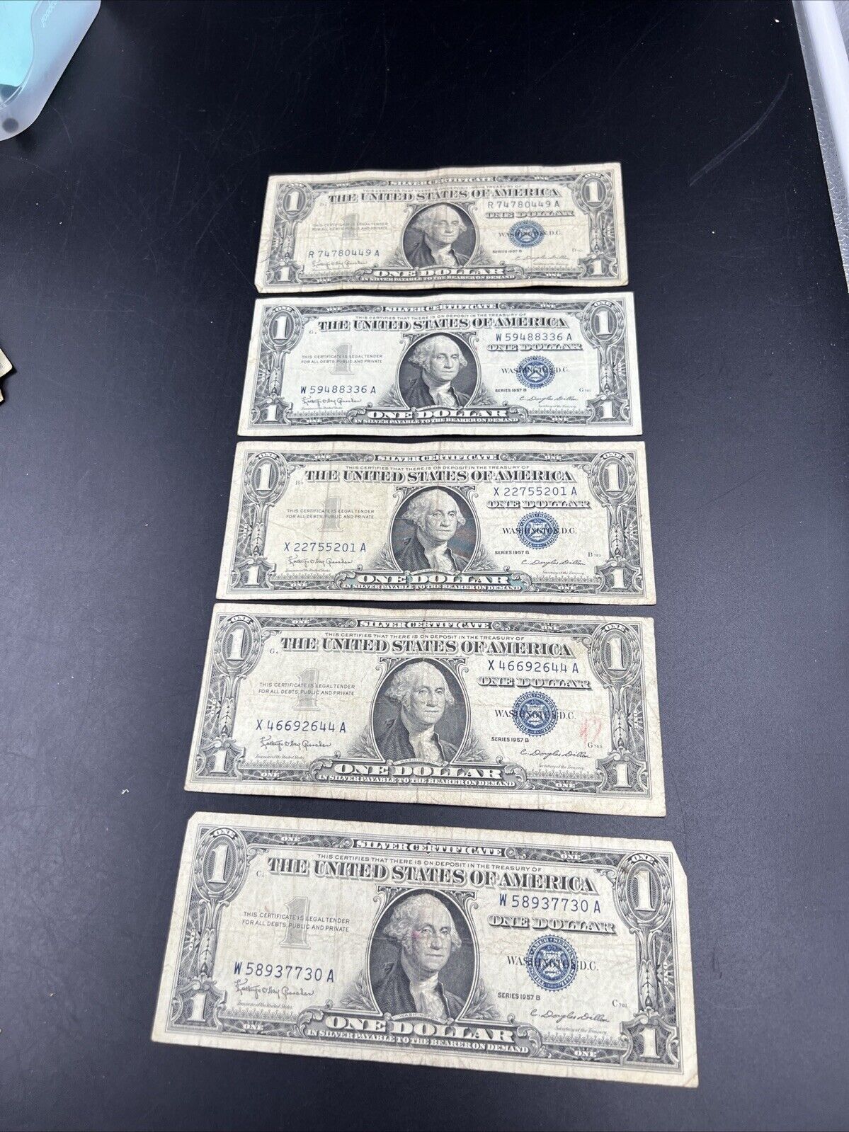 Lot of 5 1957 $1 One Dollar Blue Seal Silver Certificate Note Bills Circ VG #730