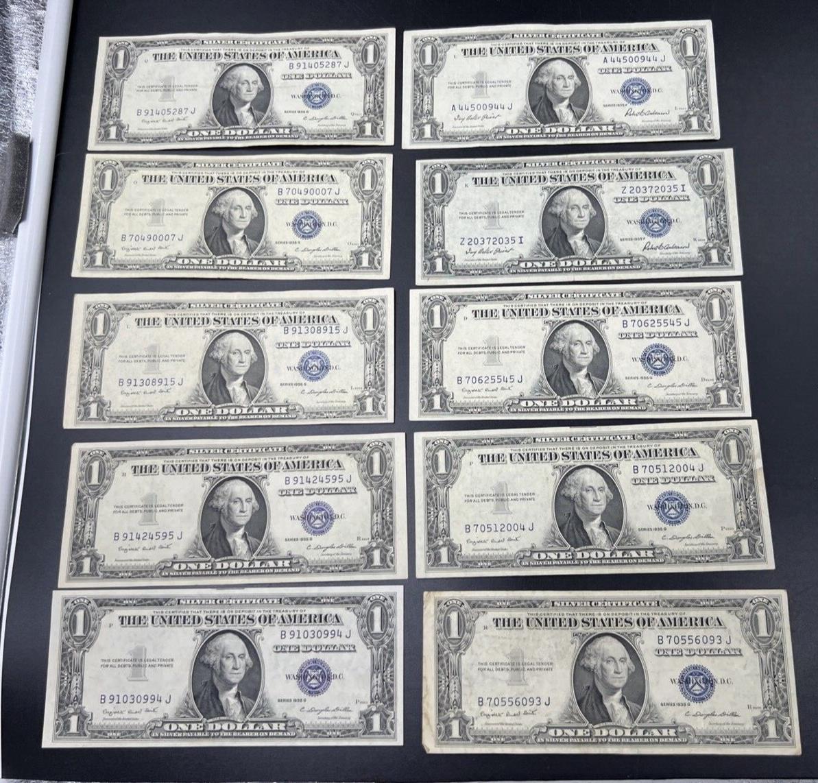 Lot of 10 1935 $1 One Dollar Blue Seal Silver Certificates Fine / VF Conditions