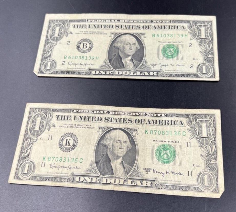 2 Note Set 1963 A & B Barr & Fowler FRN Federal Reserve Note Set VG Circ #136