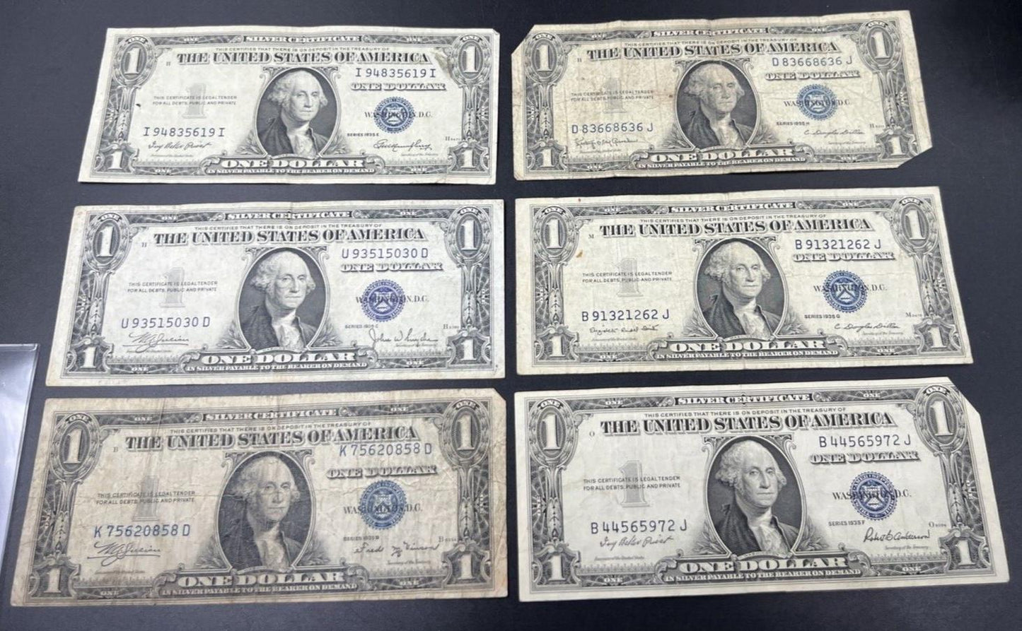 6 Note 1935 B C D E F G $1 One Dollar Blue Note Silver Certificate Set Lot VG #8