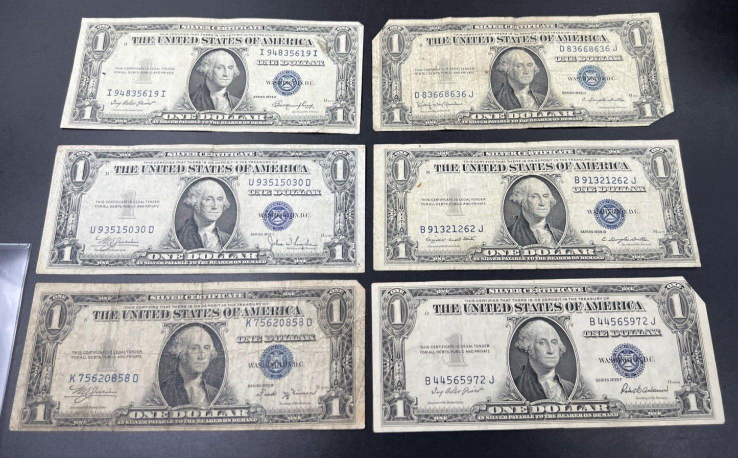 6 Note 1935 B C D E F G $1 One Dollar Blue Note Silver Certificate Set Lot VG #8