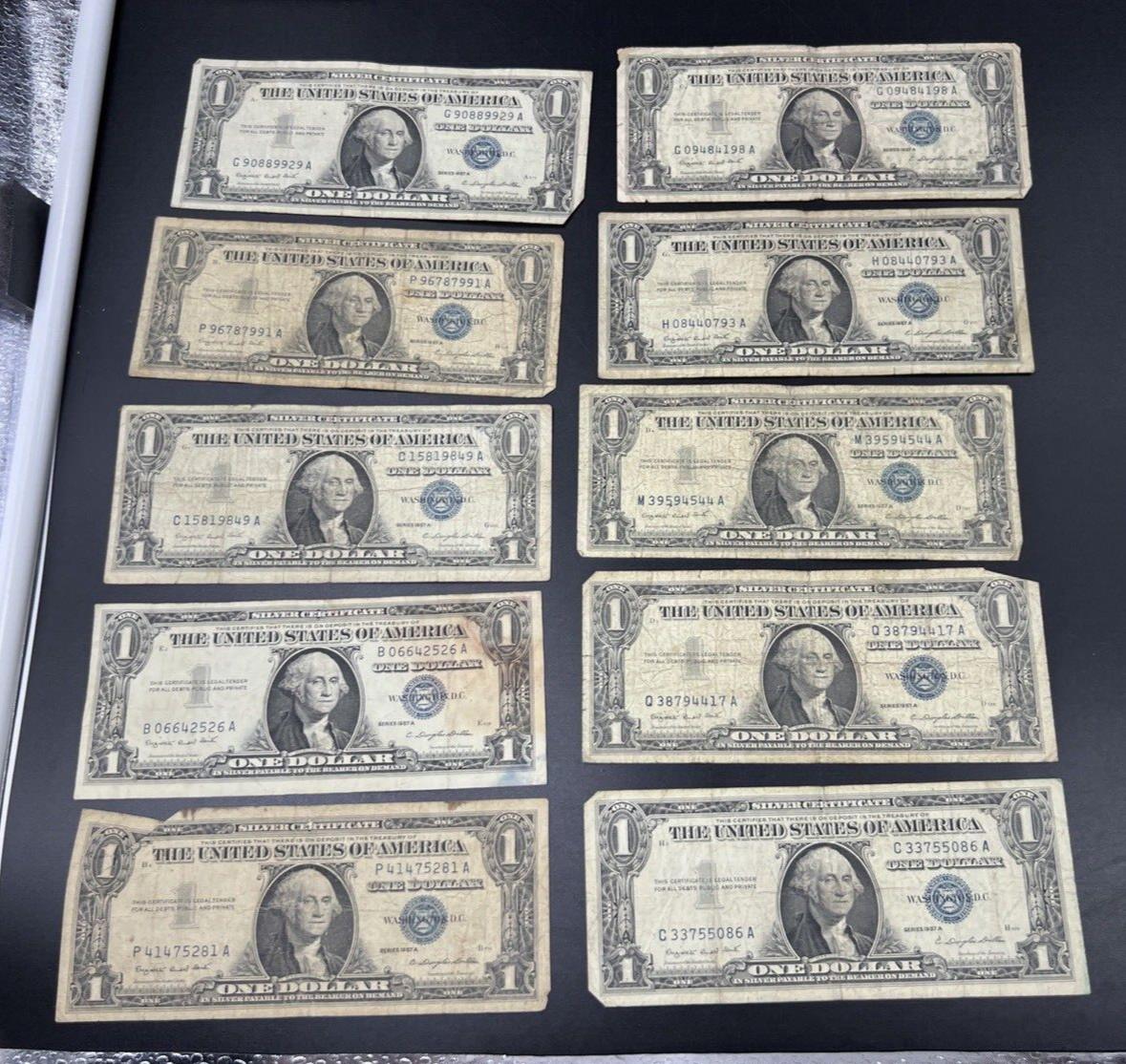 Lot of 10 1957 $1 One Dollar Blue Seal Silver Certificate Note Bills CULL #281